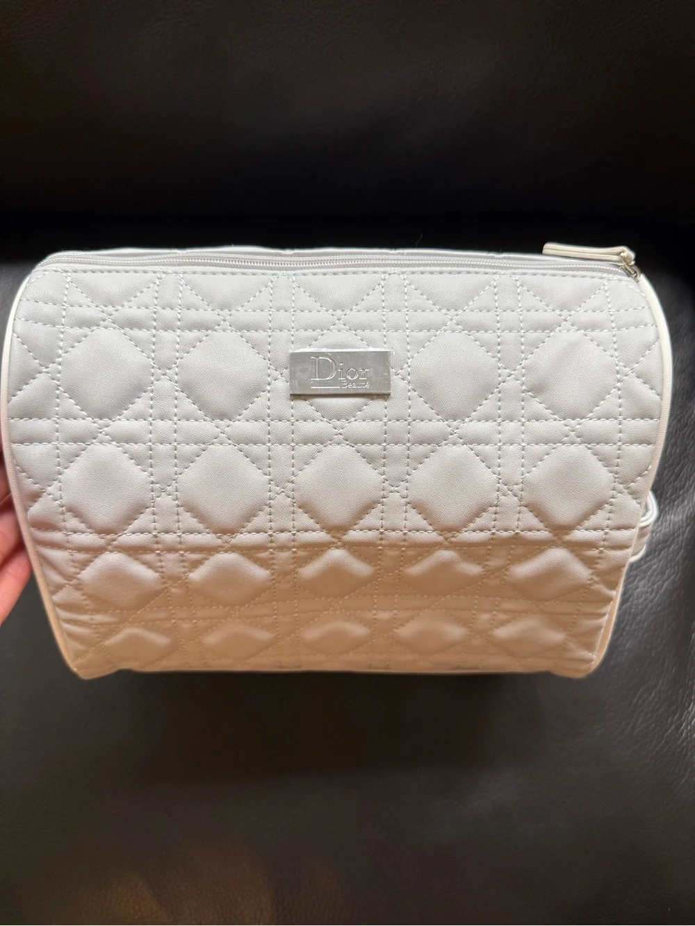 Dior Cream Quilted Cosmetic Pouch with Logo Plaque